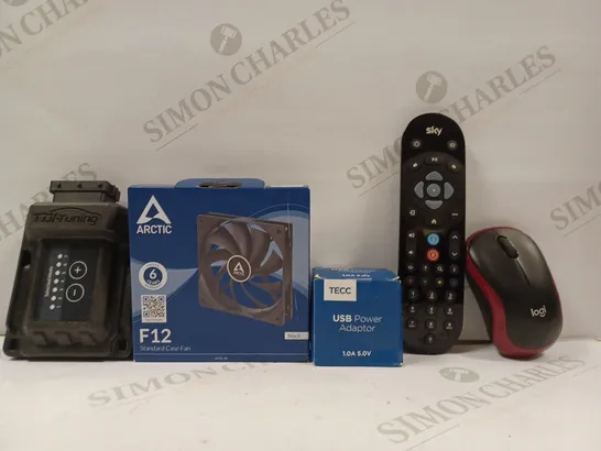 BOX OF APPROX 16 ASSORTED ITEMS TO INCLUDE - SKY TV REMOTE - LOGI WIRELESS MOUSE - ARCTIC F12 STANDARD CASE FAN