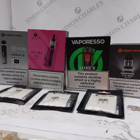 APPROXIMATELY 20 BOXED E-CIGARETTES TO INCLUDE GEEK VAPE WENAX Q  , LOST VAPE THELEMA  , VAPORESSO LUXE X , ETC 