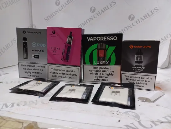 APPROXIMATELY 20 BOXED E-CIGARETTES TO INCLUDE GEEK VAPE WENAX Q  , LOST VAPE THELEMA  , VAPORESSO LUXE X , ETC 