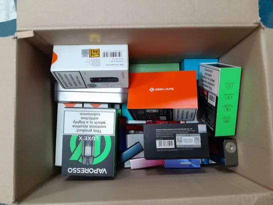 BOX OF APPROXIMATELY 20 ASSORTED E-CIGARATTES TO INCLUDE OXVA, LOST VAPE, VOOPOO ETC