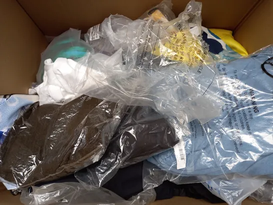 BOX OF APPROXIMATELY 25 ASSORTED CLOTHING ITEMS TO INCLUDE - HAT , BRA , SOCK ETC