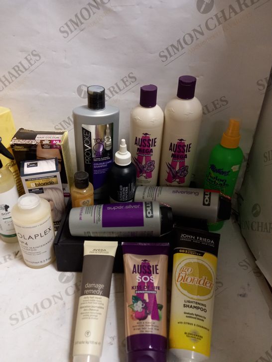 BOX OF HAIR CARE PRODUCTS INCLUDING: AUSSIE SOS, OLAPLEX SHAMPOO, PROVOLE, JOHN FRIEDA; JEROME RUSSELL AND AVEDA