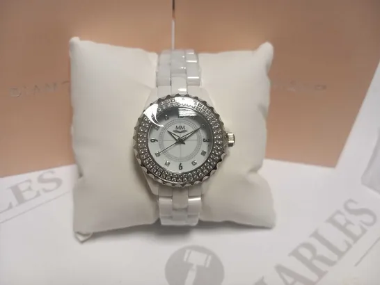 3 BRAND NEW BOXED DIAMONIQUE CERAMIC WATCH WHITE WITH MICHELLE MONE BOX WHITE CUBIC ZIRCONIA ON BEZEL AND DIAL