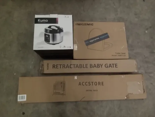 PALLET OF ASSORTED ITEMS INCLUDING KUMO RICE COOKER, STOREMIC TOILET SEAT, RETRACTABLE BABY GATE, ACCSTORE DRYING RACK, KTONER BAR STOOL, ARTIFICAL PLANTS 