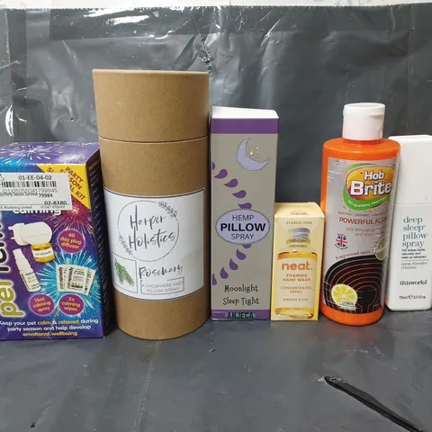 BOX OF APPROXIMATELY 14 ASSORTED ITEMS TO INCLUDE - THISWORKS DEEP SLEEP PILLOW SPRAY , HOB BRITE POWERFUL FORMULA , HEMP PILLOW SPRAY ETC