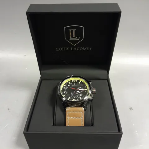 MENS LOUIS LACOMBE CHRONGRAPH WATCH – 3 SUB DIALS – BLACK CASE – LEATHER STRAP