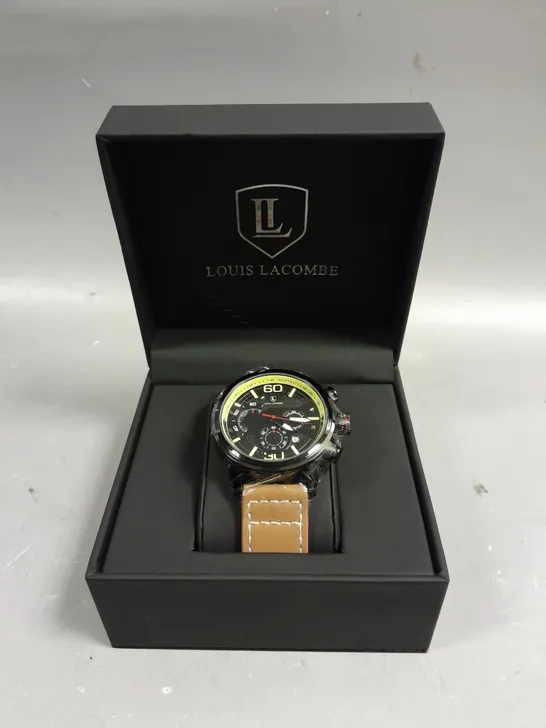 MENS LOUIS LACOMBE CHRONGRAPH WATCH – 3 SUB DIALS – BLACK CASE – LEATHER STRAP