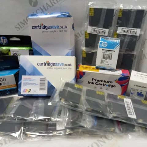 LOT OF APPROX 12 ASSORTED PRINTER ACCESSORIES TO INCLUDE HP 300 BLACK INK CARTRIDGE, HP 88XL CYAN INK CARTRIDGE, HP INSTANT BLACK CARTRIDGE, ETC 