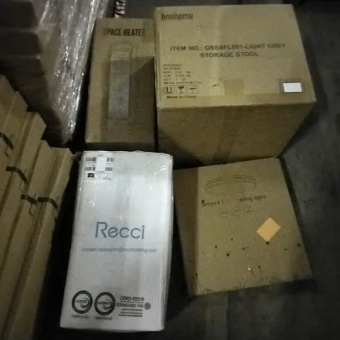 PALLET OF ASSORTED ITEMS INCLUDING RECCI BEDDING, SMART LED CEILING LIGHT, GREY STORAGE STOOL, SPACE HEATER, DRINKING WATER FILTERS, PORTABLE WATER HEATER