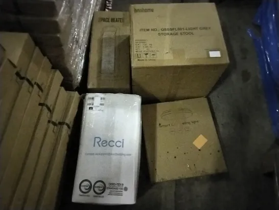 PALLET OF ASSORTED ITEMS INCLUDING RECCI BEDDING, SMART LED CEILING LIGHT, GREY STORAGE STOOL, SPACE HEATER, DRINKING WATER FILTERS, PORTABLE WATER HEATER