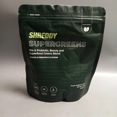 SHREDDY SUPERGREENS PRE & PROBIOTIC FOOD SUPPLEMENT. MANGO AND PINEAPPLE FLAVOUR 240G