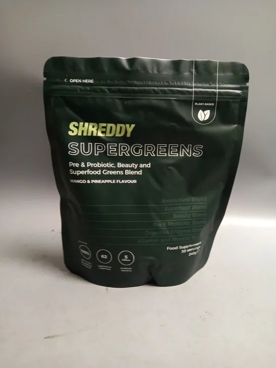 SHREDDY SUPERGREENS PRE & PROBIOTIC FOOD SUPPLEMENT. MANGO AND PINEAPPLE FLAVOUR 240G