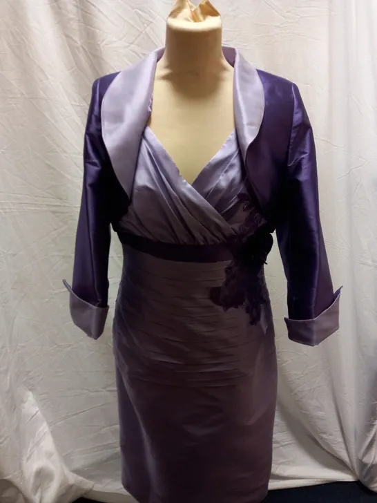 CARINA RUCHED FLORAL DRESS / BOLERO LILAC PURPLE JACKET - SIZE UK 10 