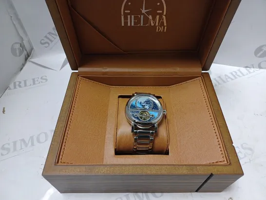 MEN’S HELMA DH AUTOMATIC WORLD VIEW WATCH – TOURBILLON MOVEMENT – BLUE DIAL – STAINLESS STEEL STRAP – GLASS EXHIBITION BACK CASE – LEATHER STRAP INCLUDED