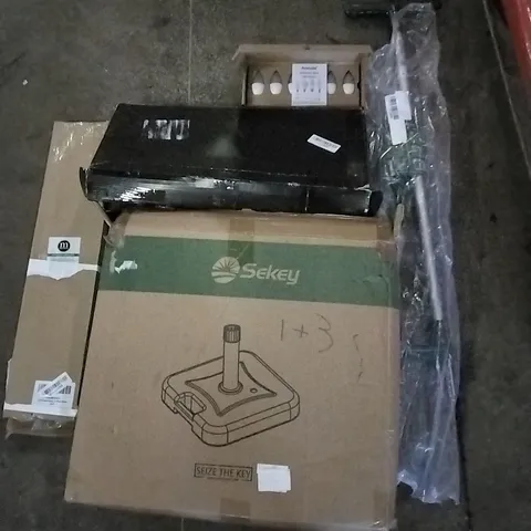 PALLET OF ASSORTED ITEMS INCLUDING PARASOL BASE, WEED PICKER, PULL OUT FAUCET, M-DESIGN TOWER RACK, LED BULBS