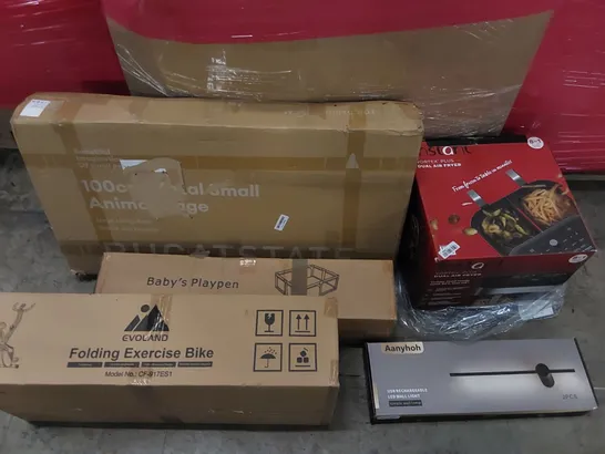 PALLET OF ASSORTED ITEMS INCLUDING: FOLDING EXERCISE BIKE, AIR FRYER, ANIMAL CAGE, BABY PLAYPEN, LED WALL LIGHT