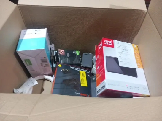 PALLET OF ASSORTED ELECTRICAL PRODUCTS AND ACCESSORIES TO INCLUDE; ONE FOR ALL UNIVERSAL WALL MOUNT, CANON PIXMA TS3350, BLACKWEB UNIVERSAL LAPTOP CHARGER AND POLAROID BLUETOTH DAB