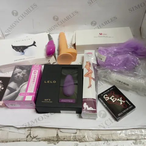 LOT OF APPROX 10 ASSORTED ADULT ITEMS TO INCLUDE STRAPON, TAIL PLUG, SEX GAME CARDS ETC