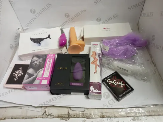 LOT OF APPROX 10 ASSORTED ADULT ITEMS TO INCLUDE STRAPON, TAIL PLUG, SEX GAME CARDS ETC