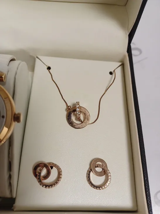 BOXED ROTARY LADIES WHITE & ROSE GOLD DIAL WATCH WITH NECKLACE AND EARRINGS - ROSE GOLD