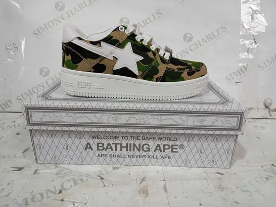 BOXED PAIR OF BAPE LACE UP SNEAKERS IN JUNGLE CAMO PATTERN US SIZE 5