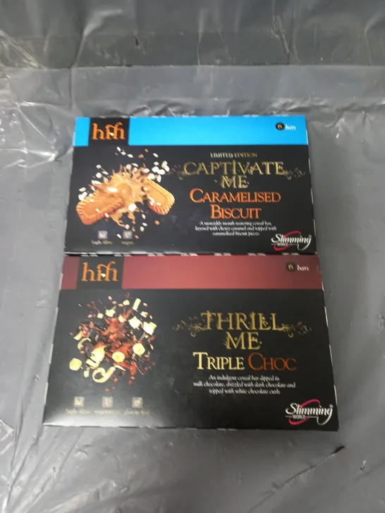 BOX OF APPROX 9X6 SLIMMING WORLD HI-FI BARS IN CARAMALISED BISCUIT AND TRIPLE CHOC