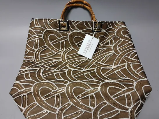 BRAND NEW BROWN PEPPER HANDBAGS SPIRAL PATTERN SEQUIN DECORATED TOTE BAG