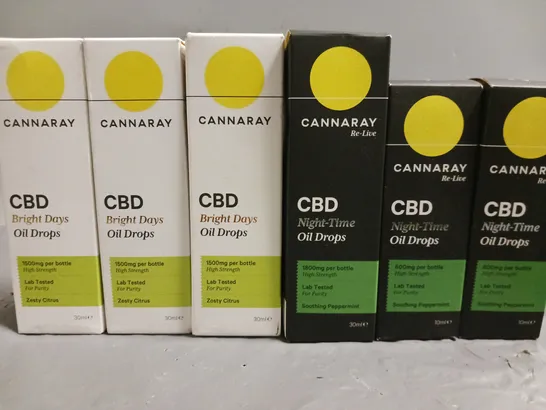 LOT OF 6 CANNARAY CBD ITEMS TO INCLUDE NIGHT TIME & BRIGHT DAY OIL DROPS - VARIOUS STRENGTHS