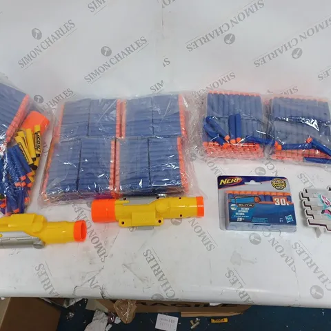 ASSORTED NERF ADD ONS AND ACCESSORIES TO INCLUDE BULLETS, XSHOT, AND SCOPES ETC.