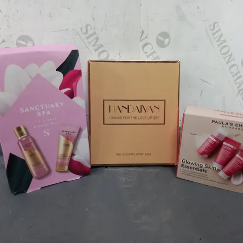 APPROXIMATELY 10 FRAGRANCE AND COSMETIC BOXSETS TO INCLUDE SANCTUARY SPA LILY & ROSE ESSENTIALS DUO, HANDAIYAN THANKS FOR THE LOVE LIP SET, PAULAS CHOICE GLOWING SKIN ESSENTIALS SET, ETC