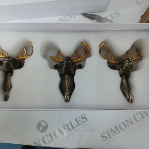 BOXED ALISON CORK SET OF 3 WALL HOOK STAGS WITH GIFT BOX