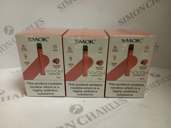 3 X BOXED & SEALED (10 DISPOSABLES PER BOX) SMOK DISPOSABLE VAPES - GRAPEFRUIT PASSION 