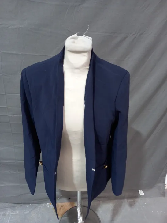 WALLIS PETITE COLLARLESS CUTTON DETAIL EDGE TO EDGE JACKET IN NAVY - SIZE 12