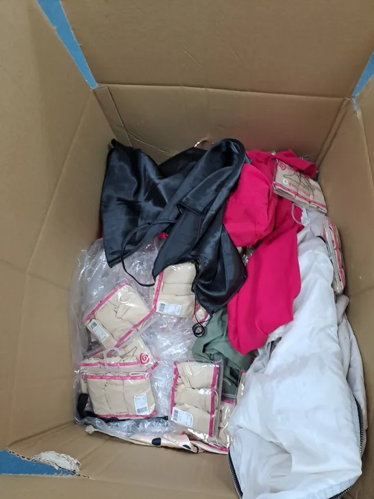 BOX OF ASSORTED CLOTHING TO INCLUDE GILET, LEGGINGS, UNDERWEAR ETC