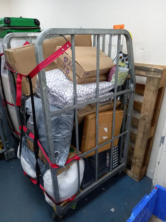 CAGE OF ASSORTED HOUSEHOLD ITEMS TO INCLUDE STEP-UP LADDER, BLUE VEST CARRIERS, STAINLESS STEEL LARGE BARBECUE GRILL, AND POLTI VAPORETTO CLEANER ETC.  