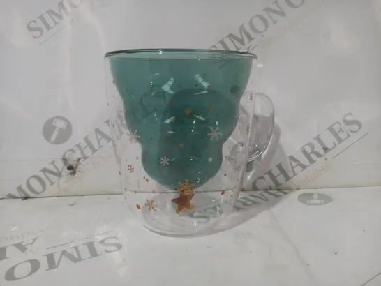 BOXED UNBRANDED FESTIVE CHRISTMAS TREE DOUBLE WALL GLASS MUG