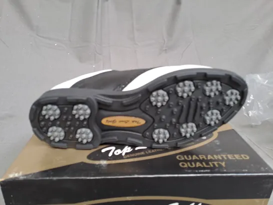 BOX OF APPROXIMATLY 12 BLACK AND WHITE TOP LINE GOLF SHOES IN VARIOUS SIZE 