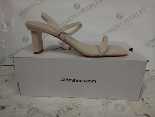 BOXED PAIR OF ALDO LOW HEELED OPEN TOE SANDALS IN BEIGE UK SIZE 5.5