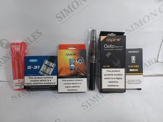 BOX OF APPROX 25 VAPE ACCESSORIES TO INCLUDE - SMOK MINI V2 S2 - VOOPOO PNP-VM1 - SIGELEI S-31 TANK ECT