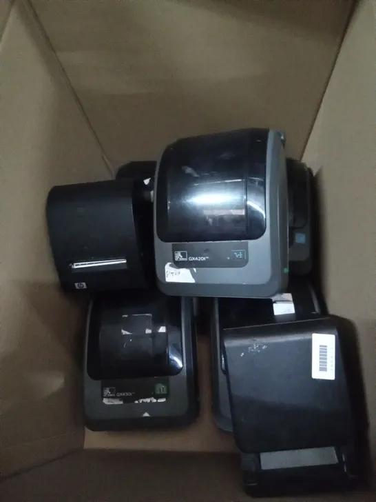 BOX OF RECIEPT PRINTERS INCLUDING ZEBRA GX430T, GX420T AND HP