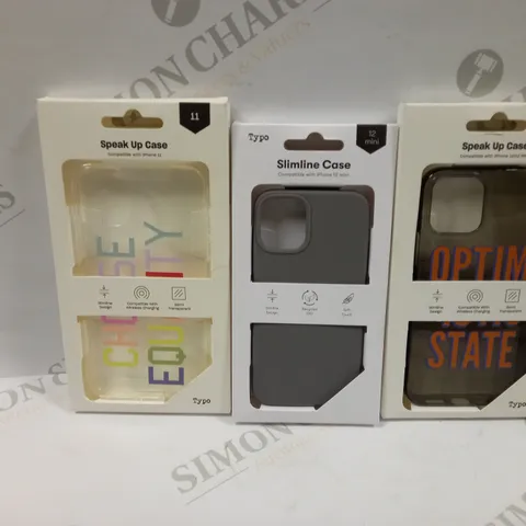 BOX OF APPROXIMATELY 54 TYPO PHONES CASES ('SLIMLINE CASE' & 'SPEAK UP CASE') FOR IPHONE 11, 12 MINI, 12/12PRO IN VARYING COLOURS