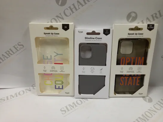 BOX OF APPROXIMATELY 54 TYPO PHONES CASES ('SLIMLINE CASE' & 'SPEAK UP CASE') FOR IPHONE 11, 12 MINI, 12/12PRO IN VARYING COLOURS