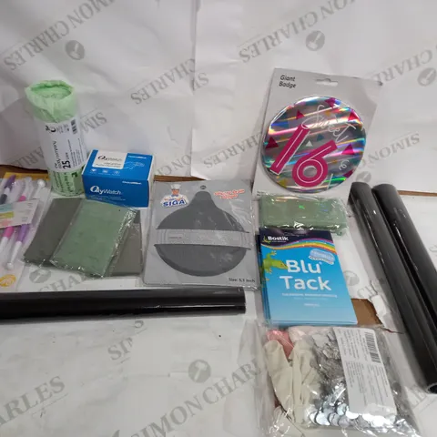 BOX OF ASSORTED HOUSEHOLD ITEMS TO INCLUDE DRAIN STOPPERS, BALLOONS AND PULSE OXIMETER