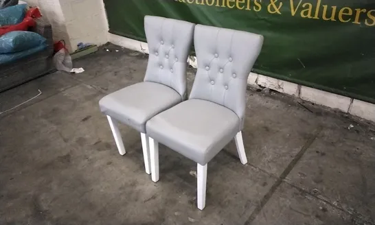 PAIR OF BEWLEY LIGHT GREY LEATHER BUTTON BACK DINING CHAIRS WITH WHITE LEGS