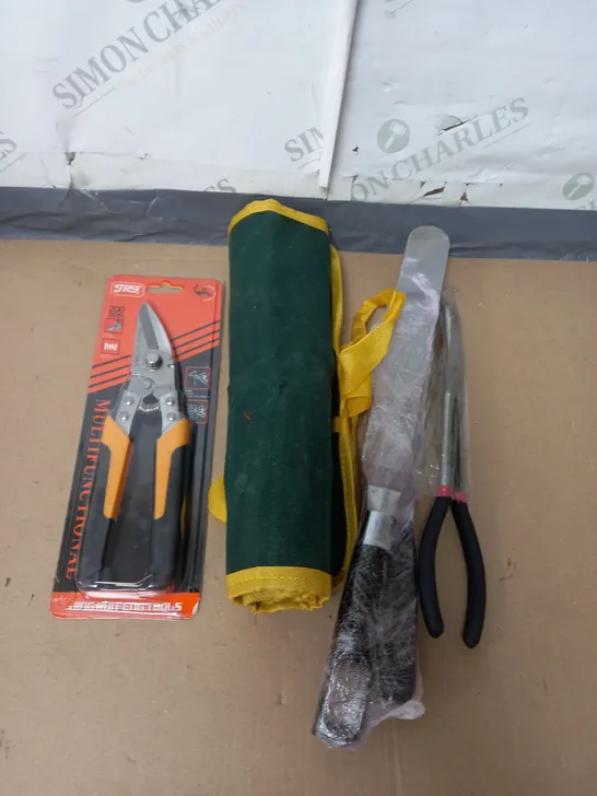 TOTE OF APPROX 10 HOUSEHOLD ITEMS TOO INCLUDE SNIPS , GARDENING TOOLS , NUTS AND BOLTS 