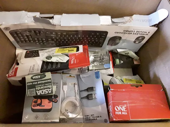 BOX OF ASSORTED ELECTRONIC PRODUCTS INCLUDING KEYBOARD & MOUSE, WIRELESS EAR BUDS, REMOTES, USB C CABLES 