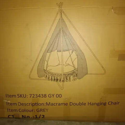 PALLET CONTAINING 6 MACRAME DOUBLE HANGING CHAIRS IN VARIOUS COLOURS - BOXES 1 OF 2 ONLY