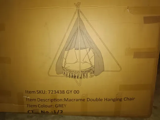 PALLET CONTAINING 6 MACRAME DOUBLE HANGING CHAIRS IN VARIOUS COLOURS - BOXES 1 OF 2 ONLY