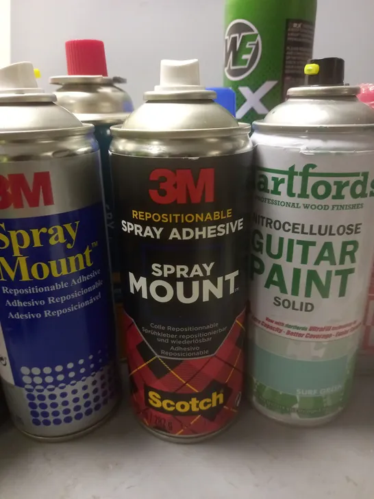 LOT CONTAINING VARIOUS AEROSOLS TO INCLUDE; SPRAY ADHESIVE, GUITAR PAINT, BUTANE BATTERY PORTABLE POWER 