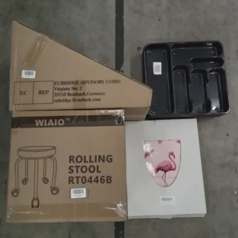 PALLET OF ASSORTED ITEMS INCLUDING WIAIO ROLLING STOOL, OHOK PINK FLAMINGO TOILET SEAT, CUTLERY DRAW ORGANISER, GANZTON SLEDGE TOBOGGAN 